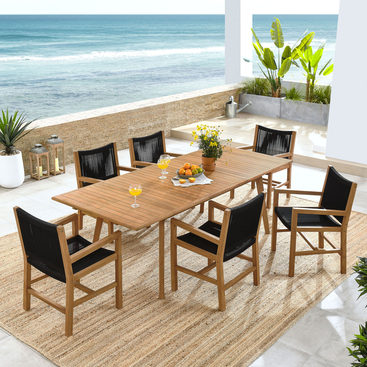 Alvierra 7-Piece Alfresco Teak and Rope Dining Set with Armchairs, Natural Wood & Black