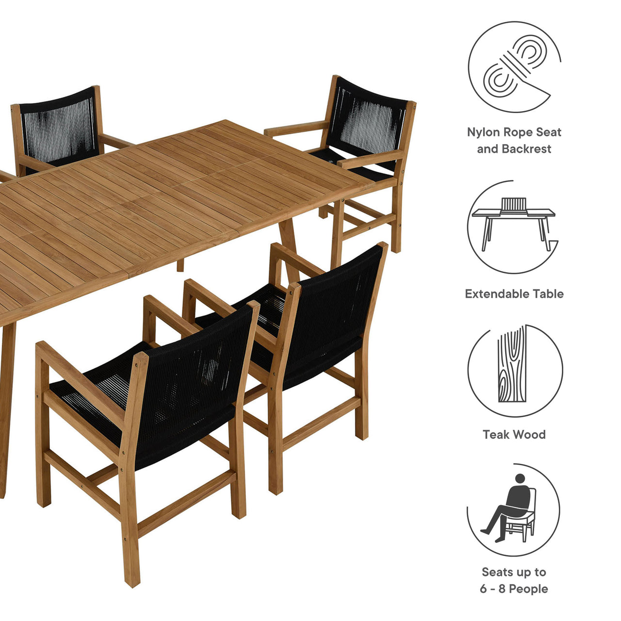 Alvierra 7-Piece Alfresco Teak and Rope Dining Set with Armchairs, Natural Wood & Black