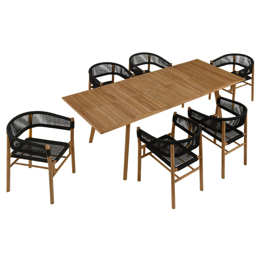 Alvierra 7-Piece Alfresco Teak and Rope Dining Set with Curved-Back Armchairs, Natural Wood & Black