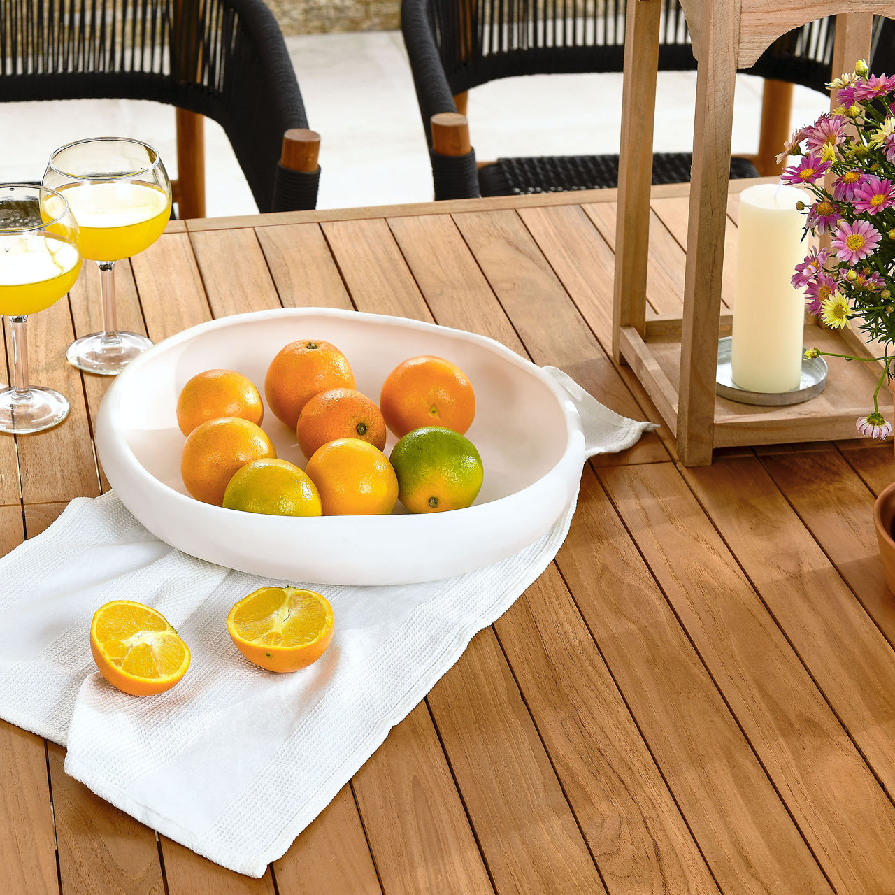Alvierra 7-Piece Alfresco Teak and Rope Dining Set with Curved-Back Armchairs, Natural Wood & Black