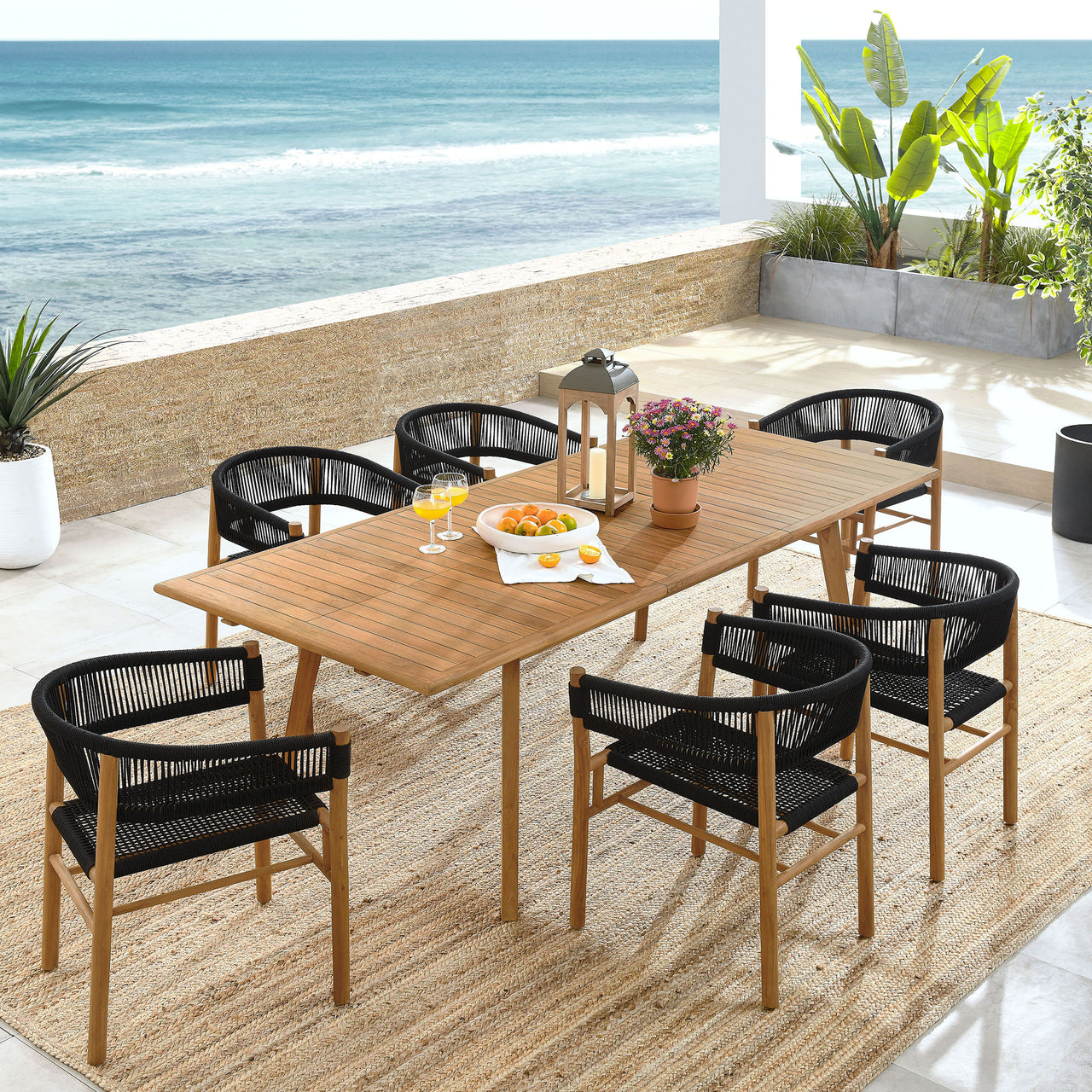 Alvierra 7-Piece Alfresco Teak and Rope Dining Set with Curved-Back Armchairs, Natural Wood & Black