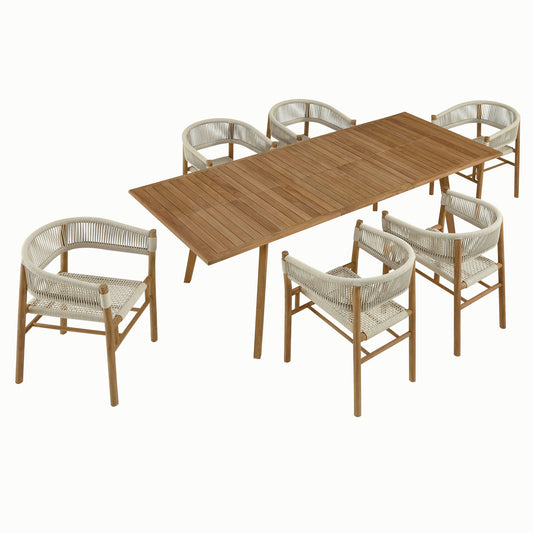 Alvierra 7-Piece Alfresco Teak and Rope Dining Set with Curved-Back Armchairs, Natural Wood