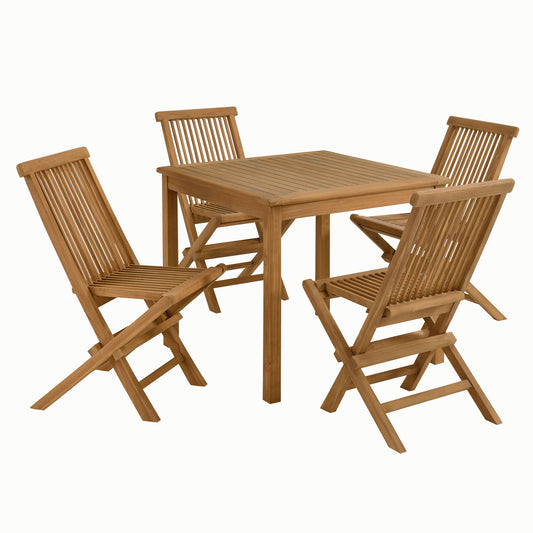 Alvierra 5-Piece Alfresco Teak Dining Set with Folding Chairs, Natural Wood