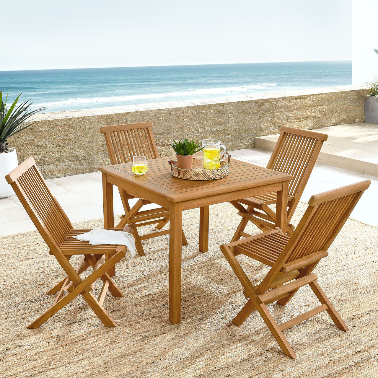 Alvierra 5-Piece Alfresco Teak Dining Set with Folding Chairs, Natural Wood