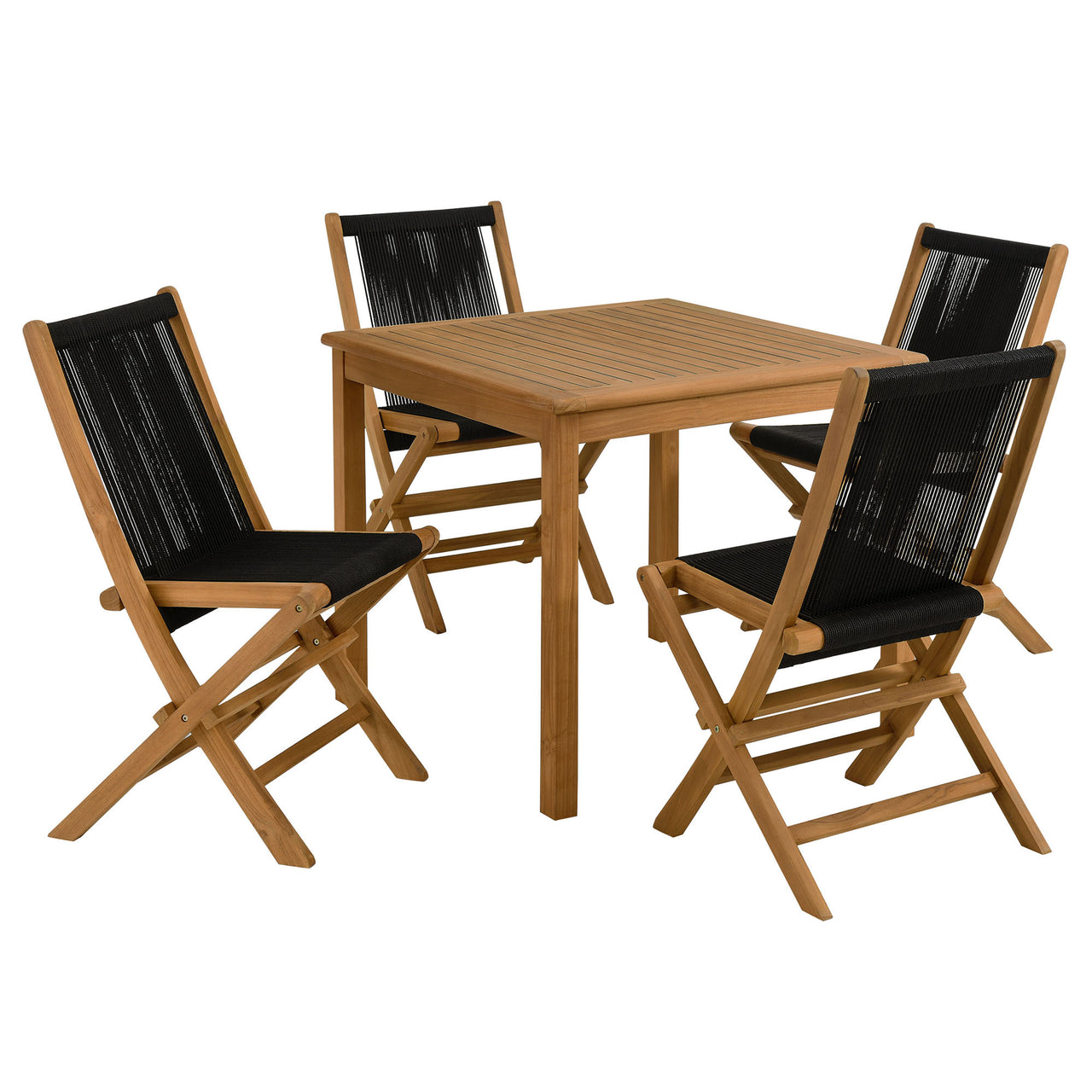 Alvierra 5-Piece Alfresco Teak Dining Set with Rope Folding Chairs, Natural Wood & Black