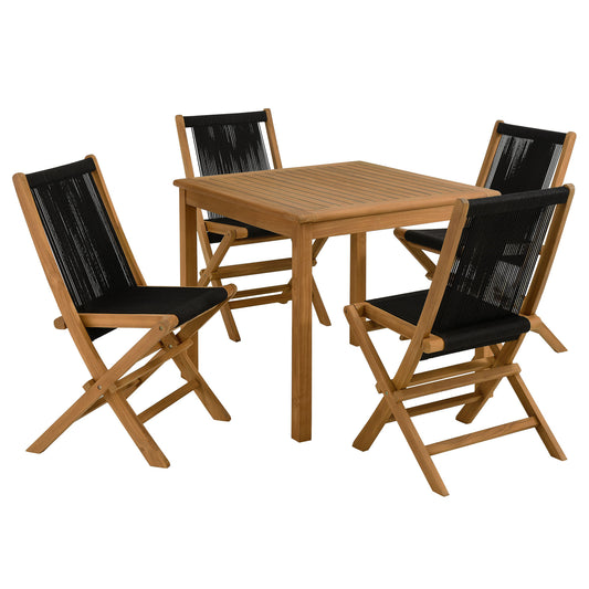Alvierra 5-Piece Alfresco Teak Dining Set with Rope Folding Chairs, Natural Wood & Black