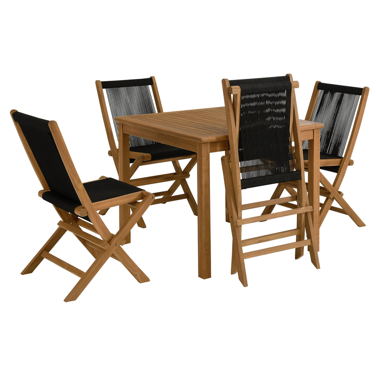 Alvierra 5-Piece Alfresco Teak Dining Set with Rope Folding Chairs, Natural Wood & Black
