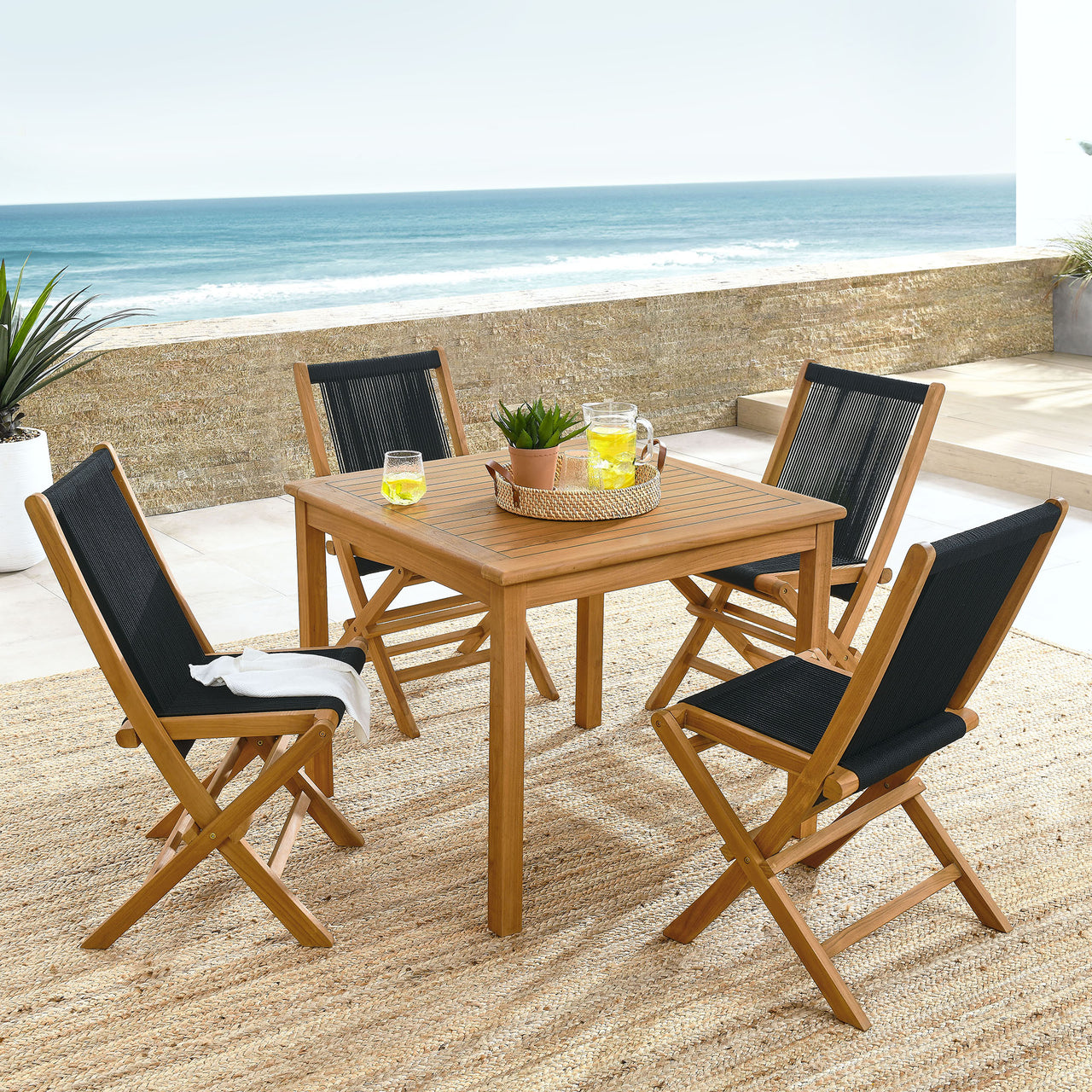 Alvierra 5-Piece Alfresco Teak Dining Set with Rope Folding Chairs, Natural Wood & Black