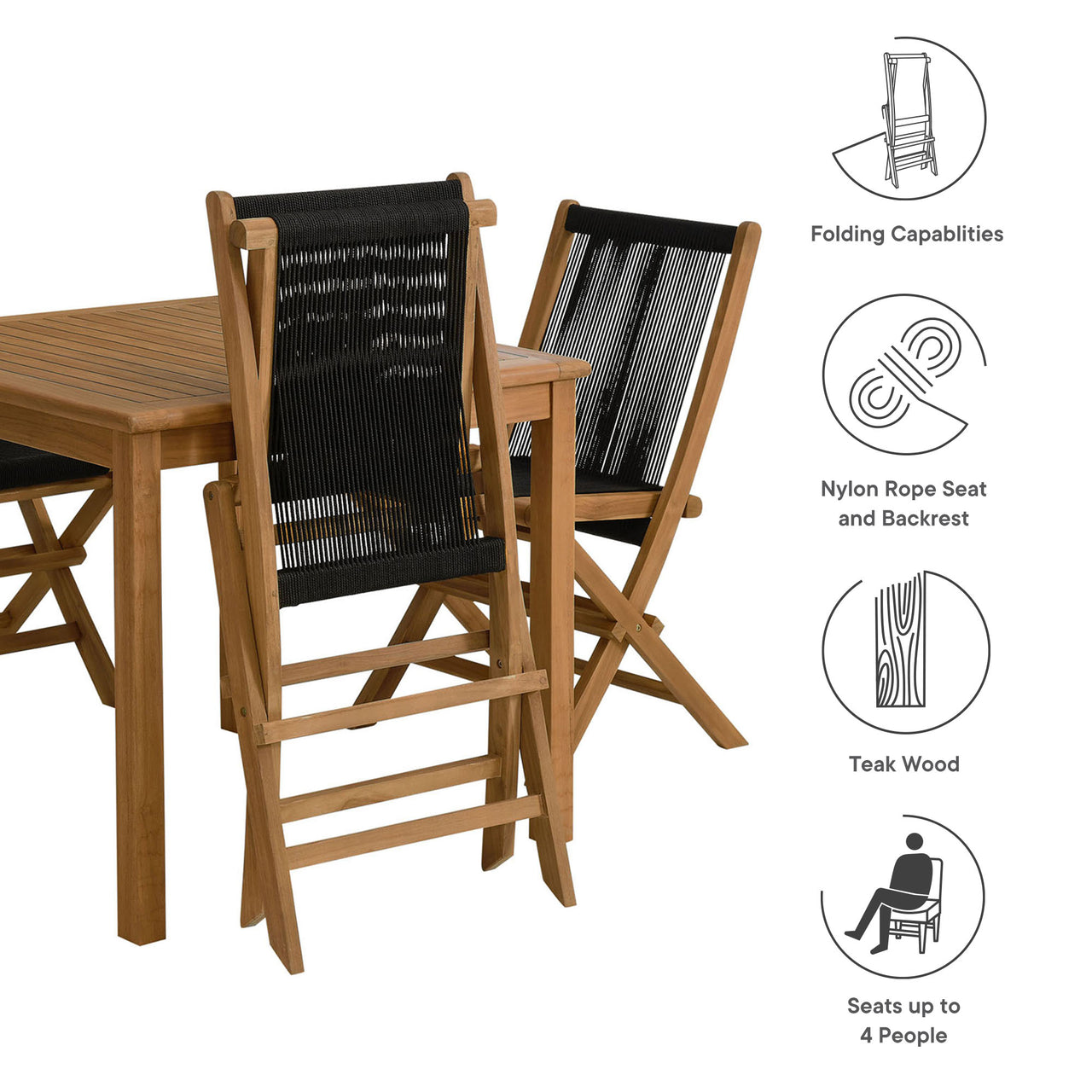 Alvierra 5-Piece Alfresco Teak Dining Set with Rope Folding Chairs, Natural Wood & Black