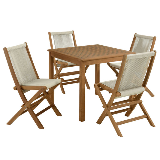 Alvierra 5-Piece Alfresco Teak Dining Set with Rope Folding Chairs, Natural Wood