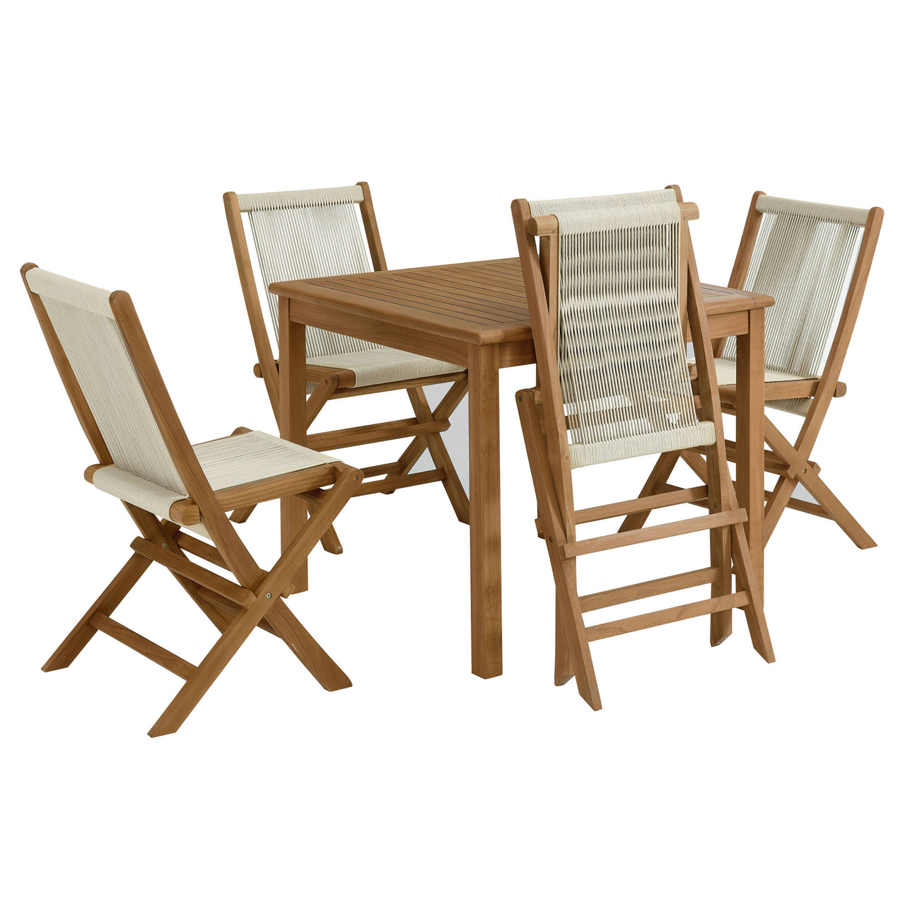 Alvierra 5-Piece Alfresco Teak Dining Set with Rope Folding Chairs, Natural Wood
