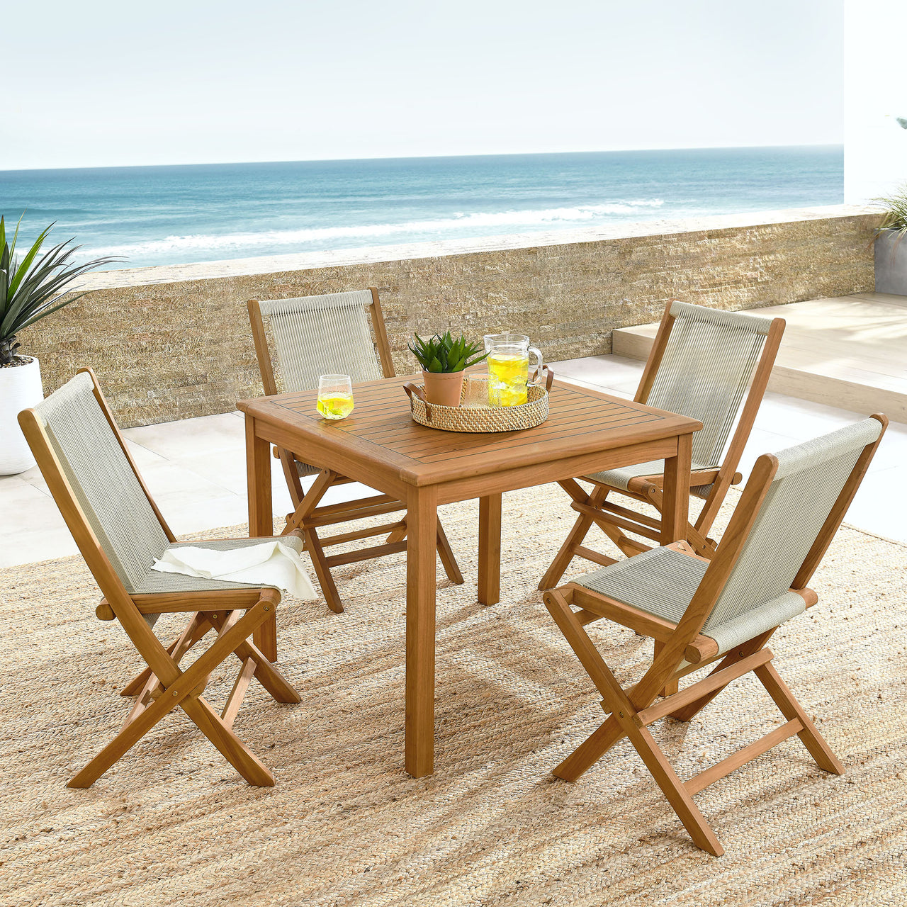 Alvierra 5-Piece Alfresco Teak Dining Set with Rope Folding Chairs, Natural Wood