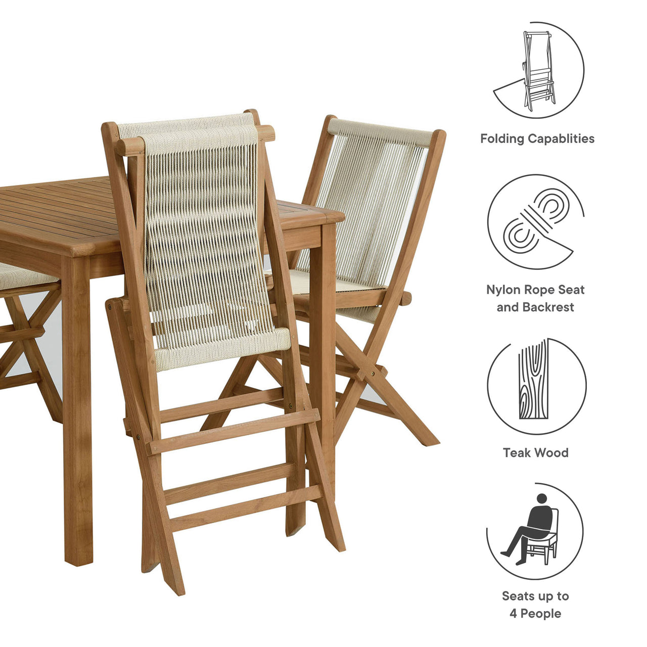 Alvierra 5-Piece Alfresco Teak Dining Set with Rope Folding Chairs, Natural Wood