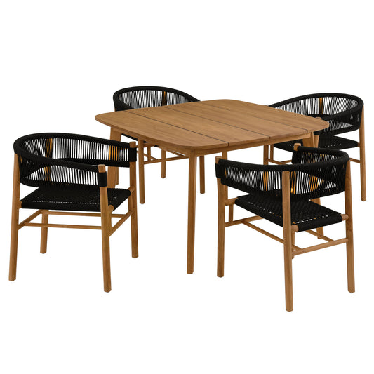 Alvierra 5-Piece Alfresco Teak and Rope Dining Set with Curved-Back Armchairs, Natural Wood & Black
