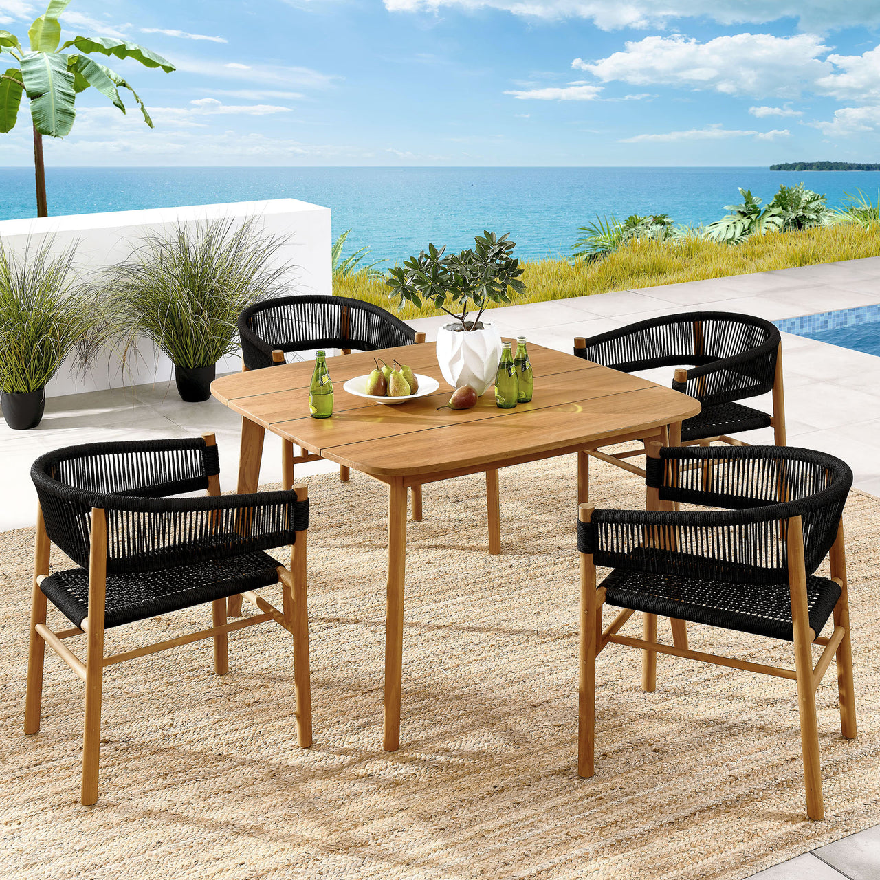 Alvierra 5-Piece Alfresco Teak and Rope Dining Set with Curved-Back Armchairs, Natural Wood & Black