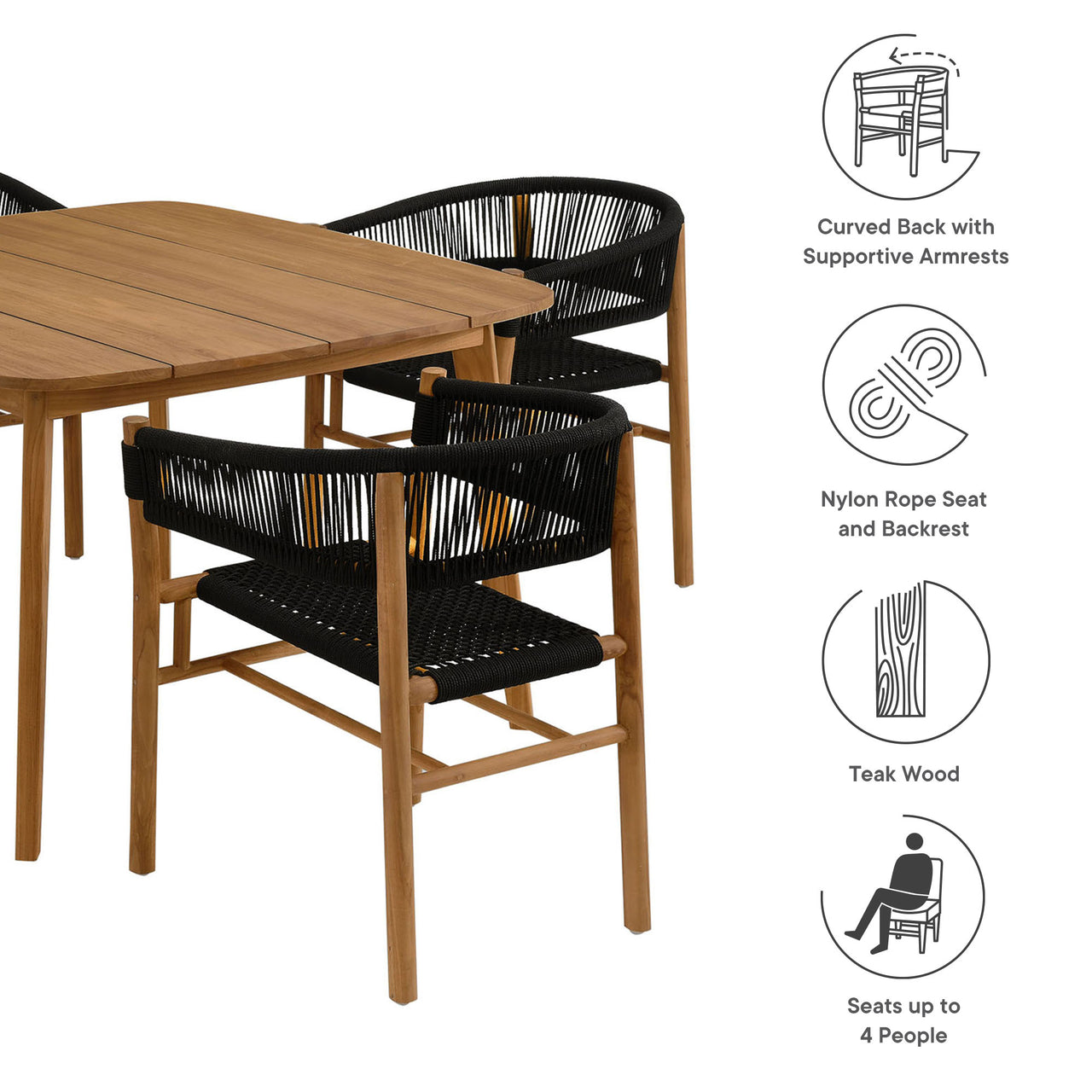 Alvierra 5-Piece Alfresco Teak and Rope Dining Set with Curved-Back Armchairs, Natural Wood & Black