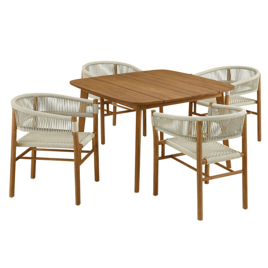 Alvierra 5-Piece Alfresco Teak and Rope Dining Set with Curved-Back Armchairs, Natural Wood
