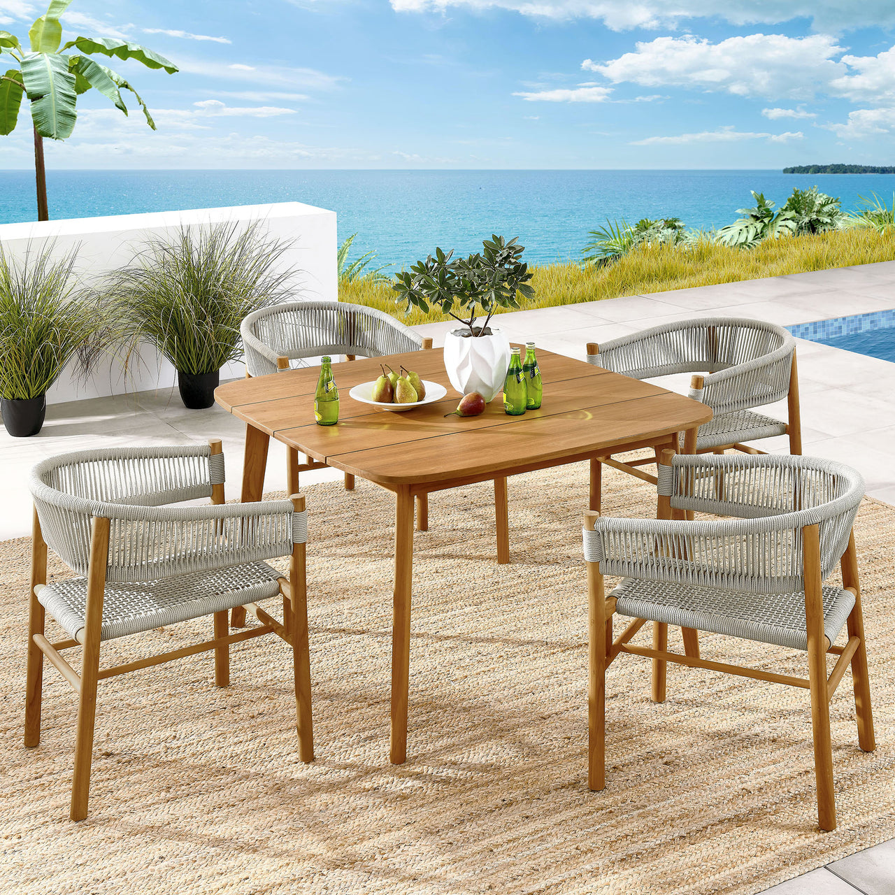 Alvierra 5-Piece Alfresco Teak and Rope Dining Set with Curved-Back Armchairs, Natural Wood