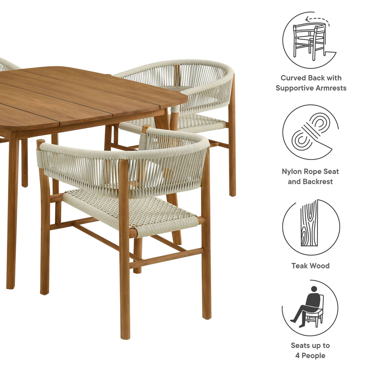 Alvierra 5-Piece Alfresco Teak and Rope Dining Set with Curved-Back Armchairs, Natural Wood