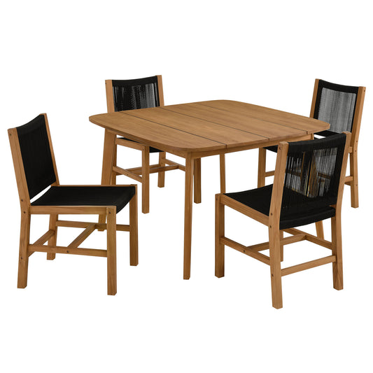 Alvierra 5-Piece Alfresco Teak and Rope Dining Set with Armless Chairs, Natural Wood & Black