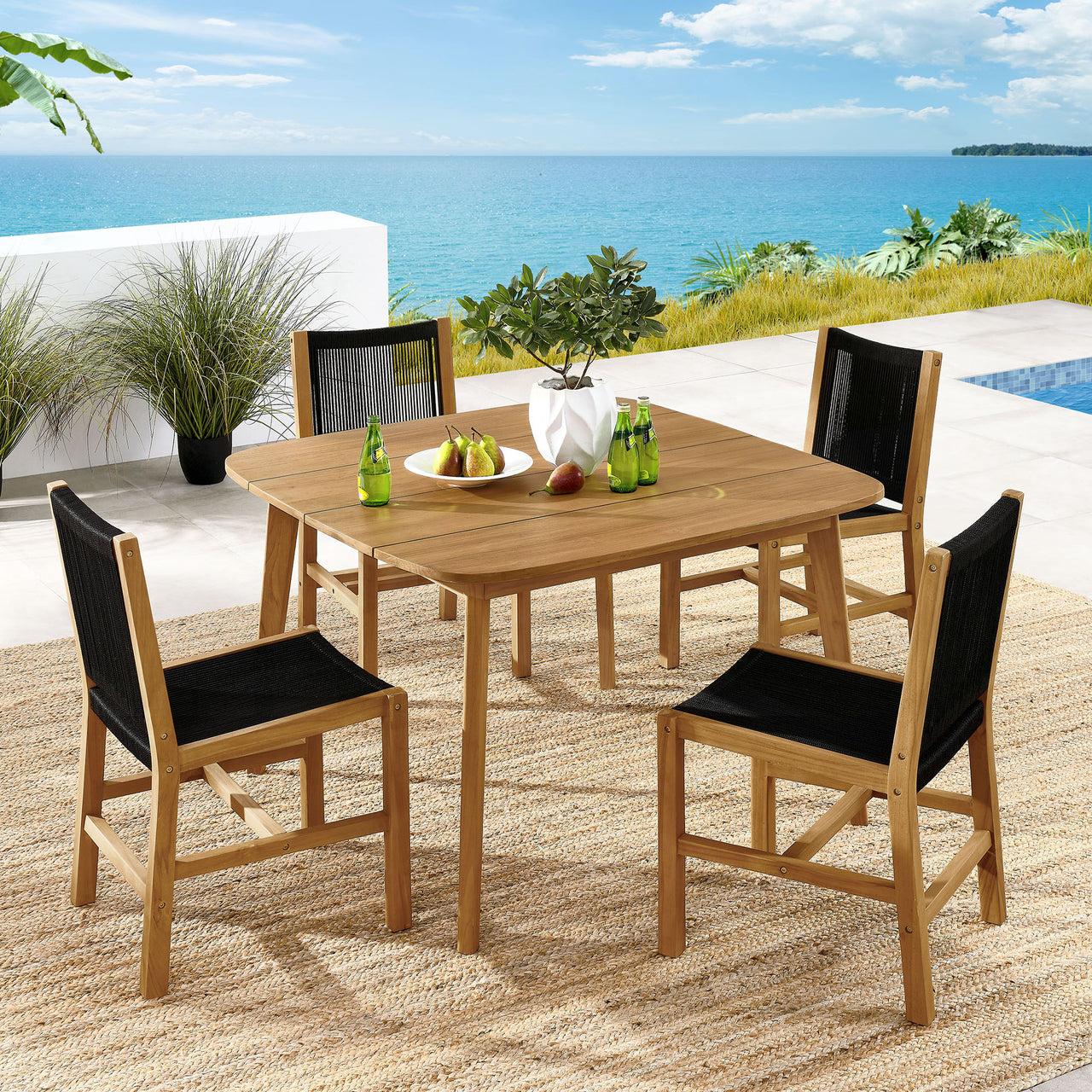 Alvierra 5-Piece Alfresco Teak and Rope Dining Set with Armless Chairs, Natural Wood & Black