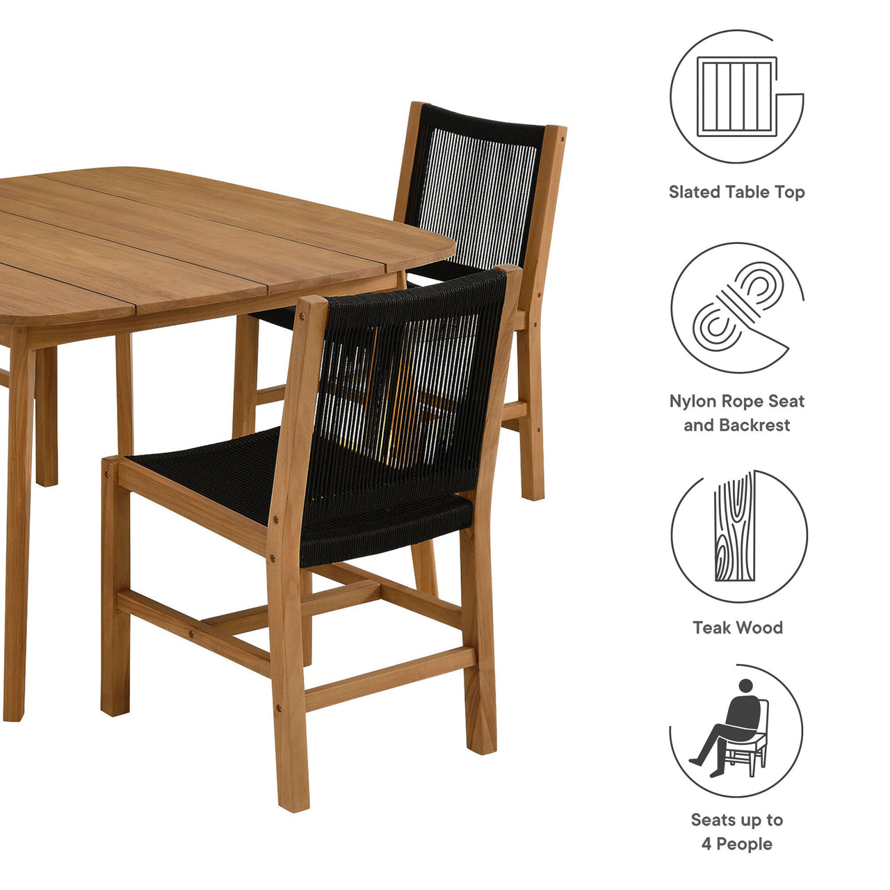 Alvierra 5-Piece Alfresco Teak and Rope Dining Set with Armless Chairs, Natural Wood & Black