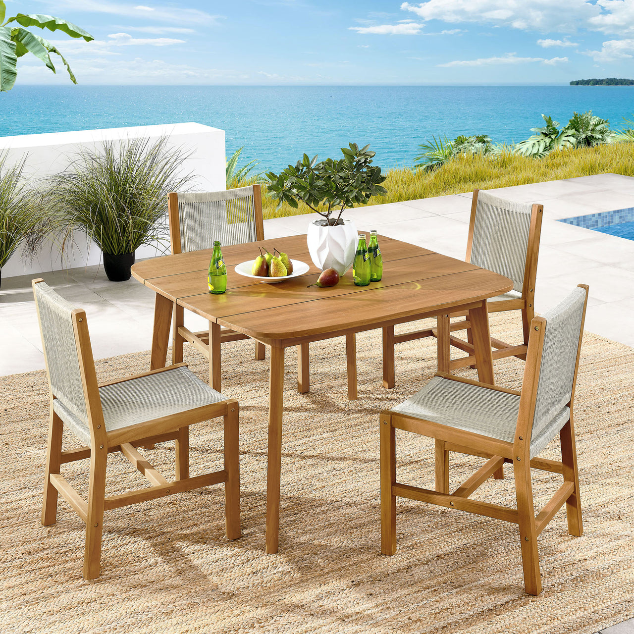 Alvierra 5-Piece Alfresco Teak and Rope Dining Set with Armless Chairs, Natural Wood