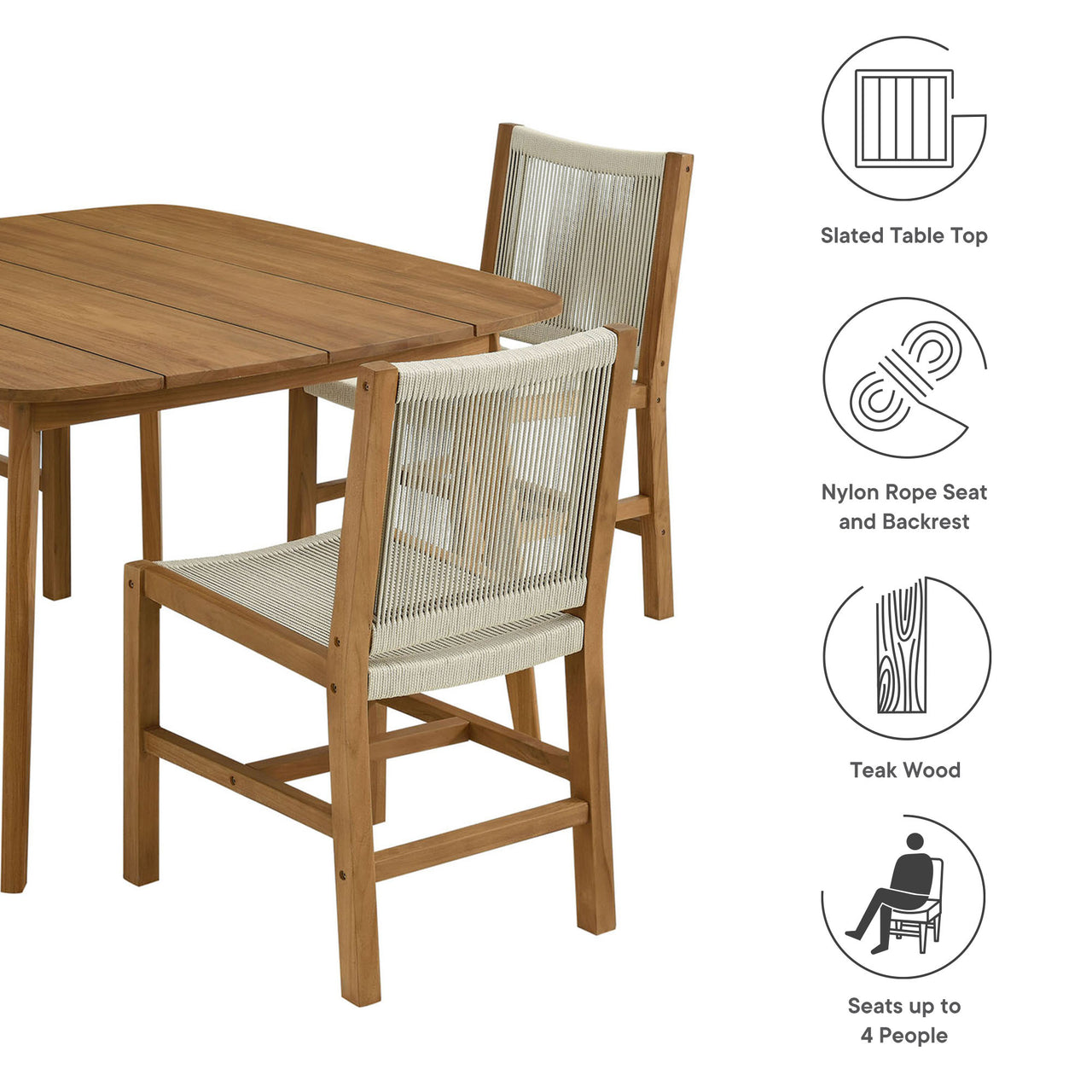 Alvierra 5-Piece Alfresco Teak and Rope Dining Set with Armless Chairs, Natural Wood