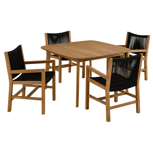 Alvierra 5-Piece Alfresco Teak and Rope Dining Set with Armchairs, Natural Wood & Black