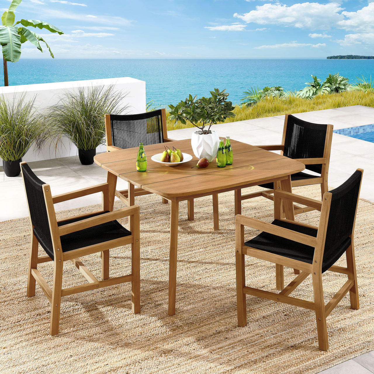 Alvierra 5-Piece Alfresco Teak and Rope Dining Set with Armchairs, Natural Wood & Black