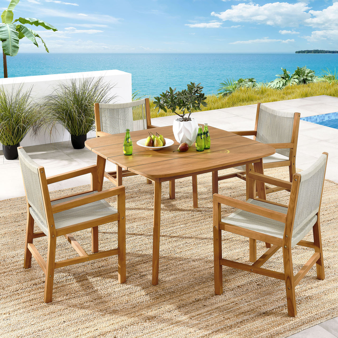 Alvierra 5-Piece Alfresco Teak and Rope Dining Set with Armchairs, Natural Wood