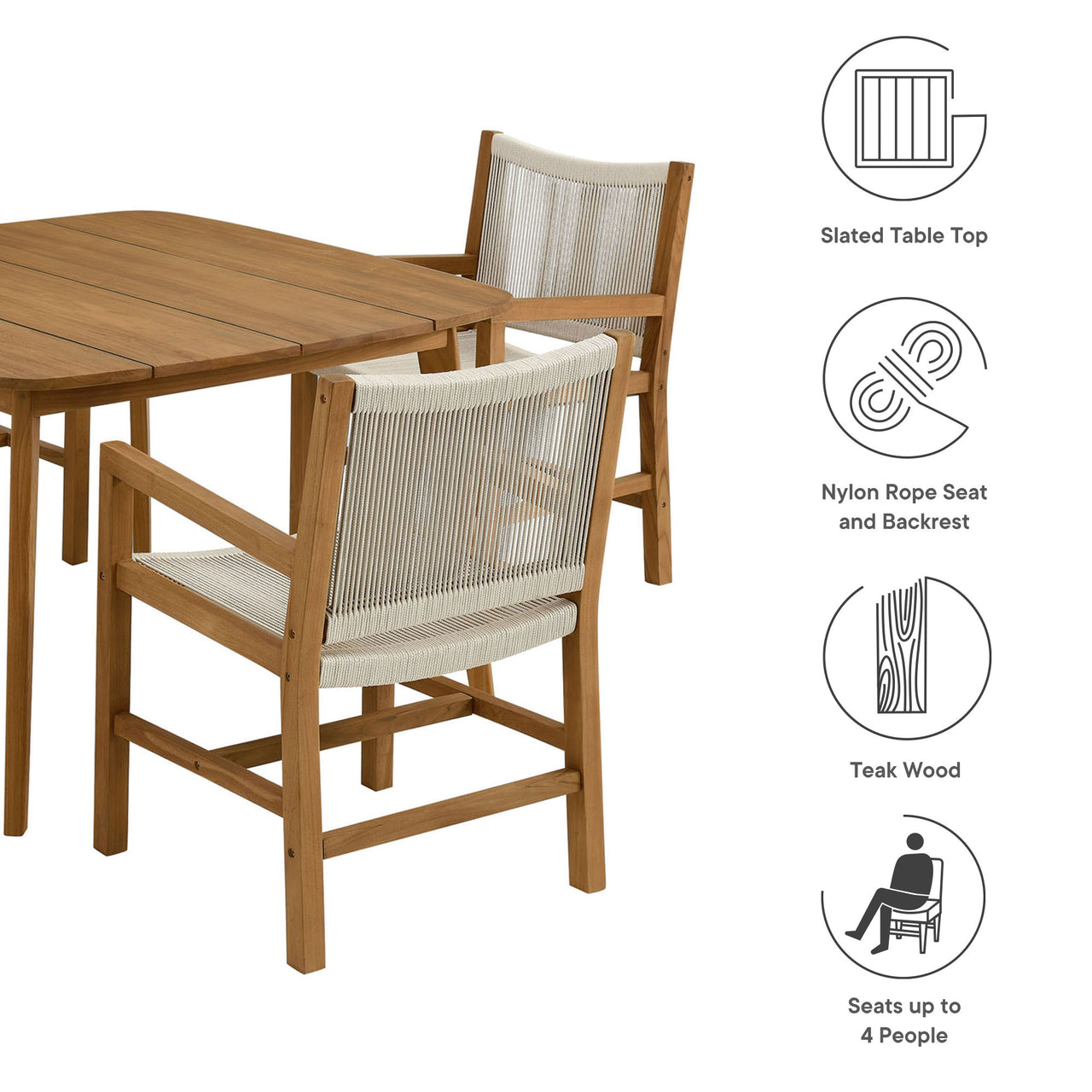 Alvierra 5-Piece Alfresco Teak and Rope Dining Set with Armchairs, Natural Wood