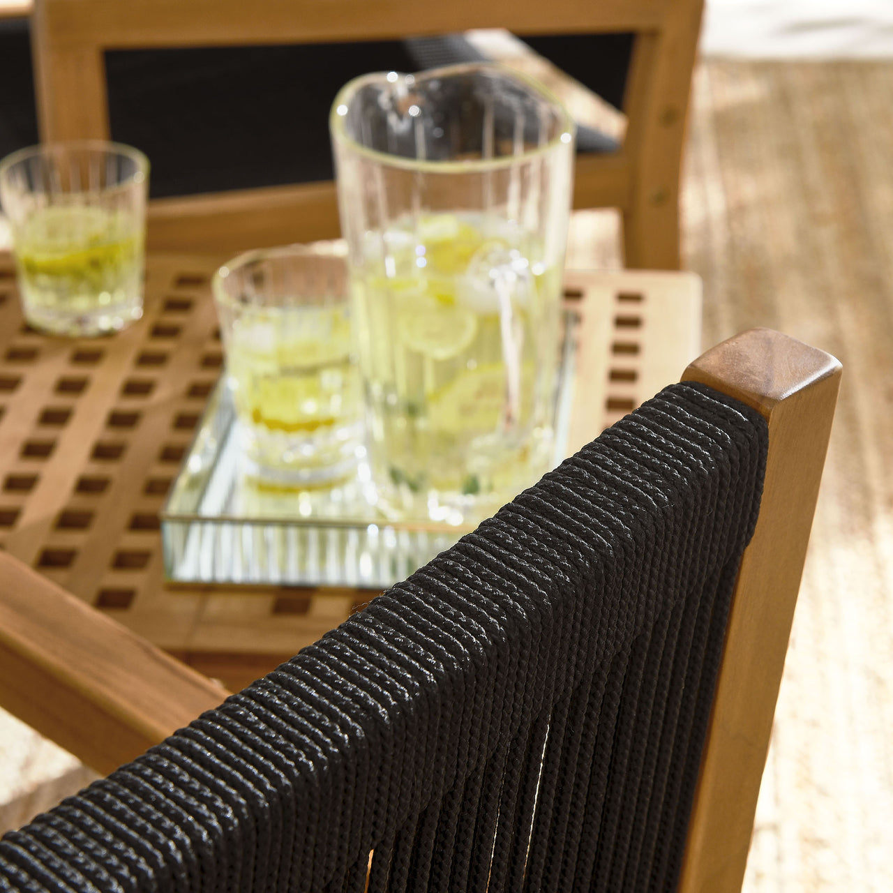 Alvierra 3-Piece Alfresco Teak and Rope Armchairs with Folding Side Table, Natural Wood & Black