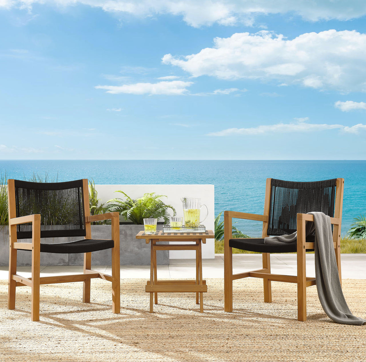 Alvierra 3-Piece Alfresco Teak and Rope Armchairs with Folding Side Table, Natural Wood & Black