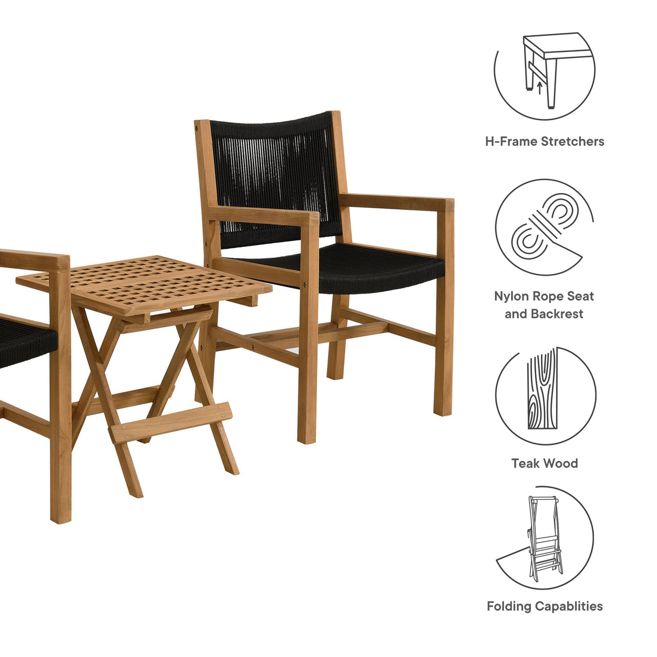 Alvierra 3-Piece Alfresco Teak and Rope Armchairs with Folding Side Table, Natural Wood & Black