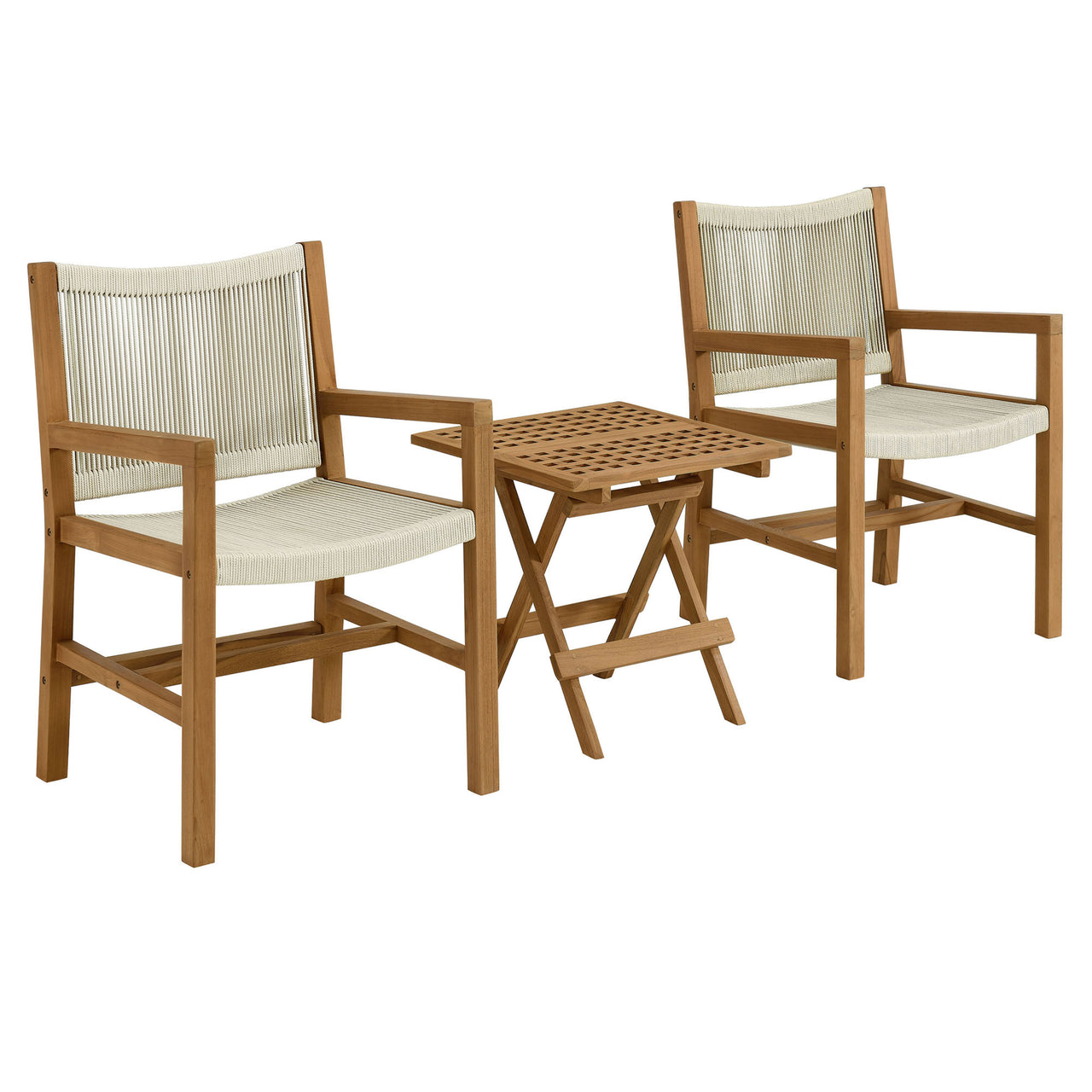 Alvierra 3-Piece Alfresco Teak and Rope Armchairs with Folding Side Table, Natural Wood