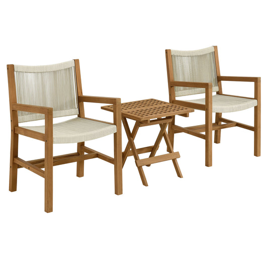 Alvierra 3-Piece Alfresco Teak and Rope Armchairs with Folding Side Table, Natural Wood