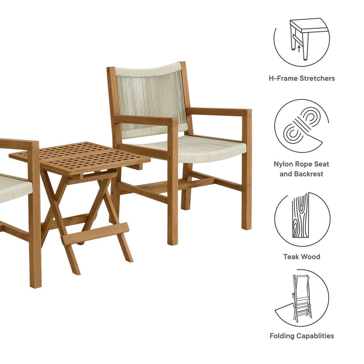 Alvierra 3-Piece Alfresco Teak and Rope Armchairs with Folding Side Table, Natural Wood