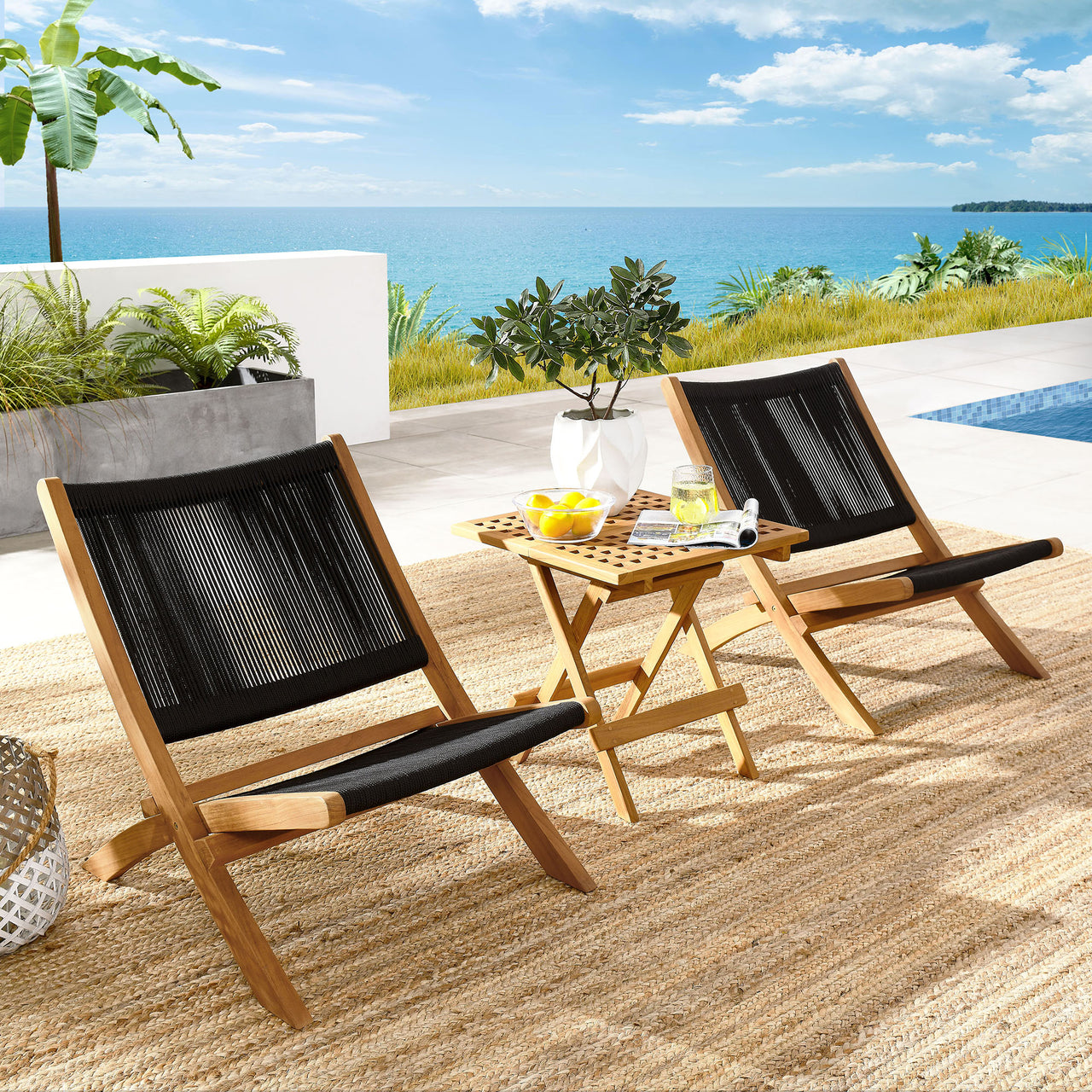 Alvierra 3-Piece Alfresco Teak and Rope Folding Lounge Chairs and Side Table, Natural Wood & Black