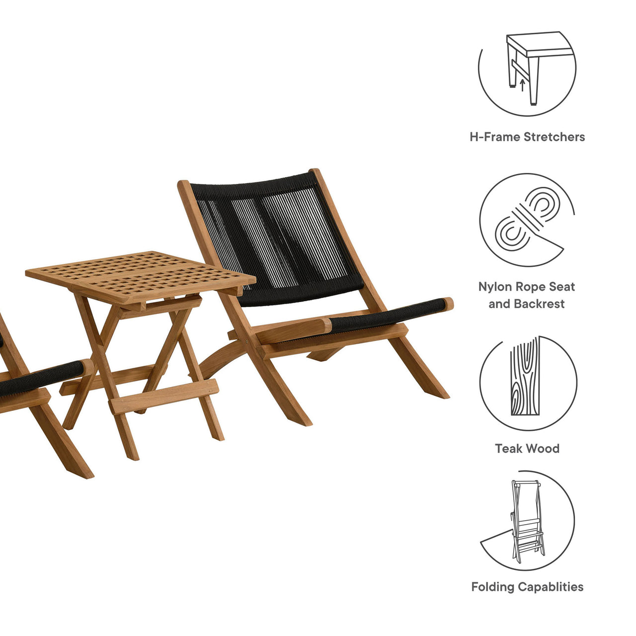 Alvierra 3-Piece Alfresco Teak and Rope Folding Lounge Chairs and Side Table, Natural Wood & Black