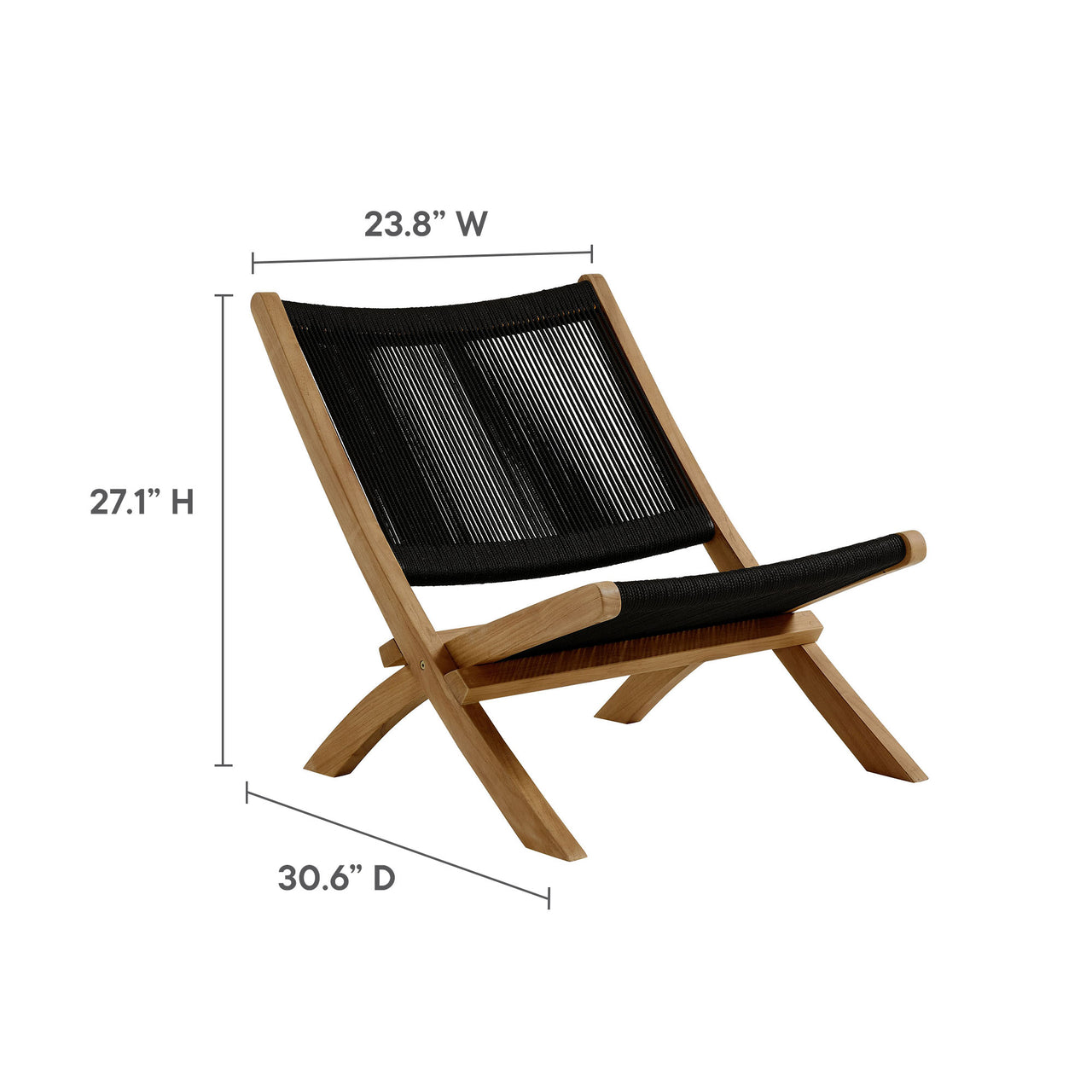Alvierra 3-Piece Alfresco Teak and Rope Folding Lounge Chairs and Side Table, Natural Wood & Black