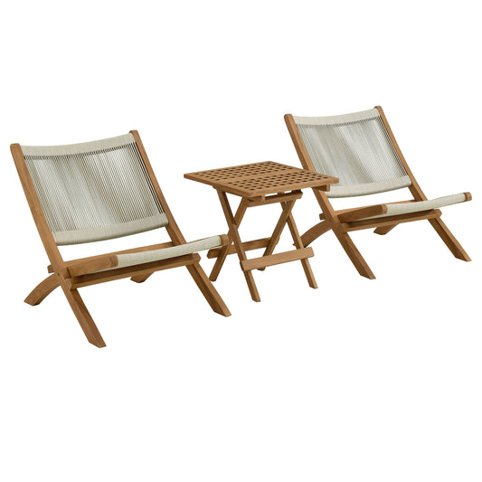 Alvierra 3-Piece Alfresco Teak and Rope Folding Lounge Chairs and Side Table, Natural Wood
