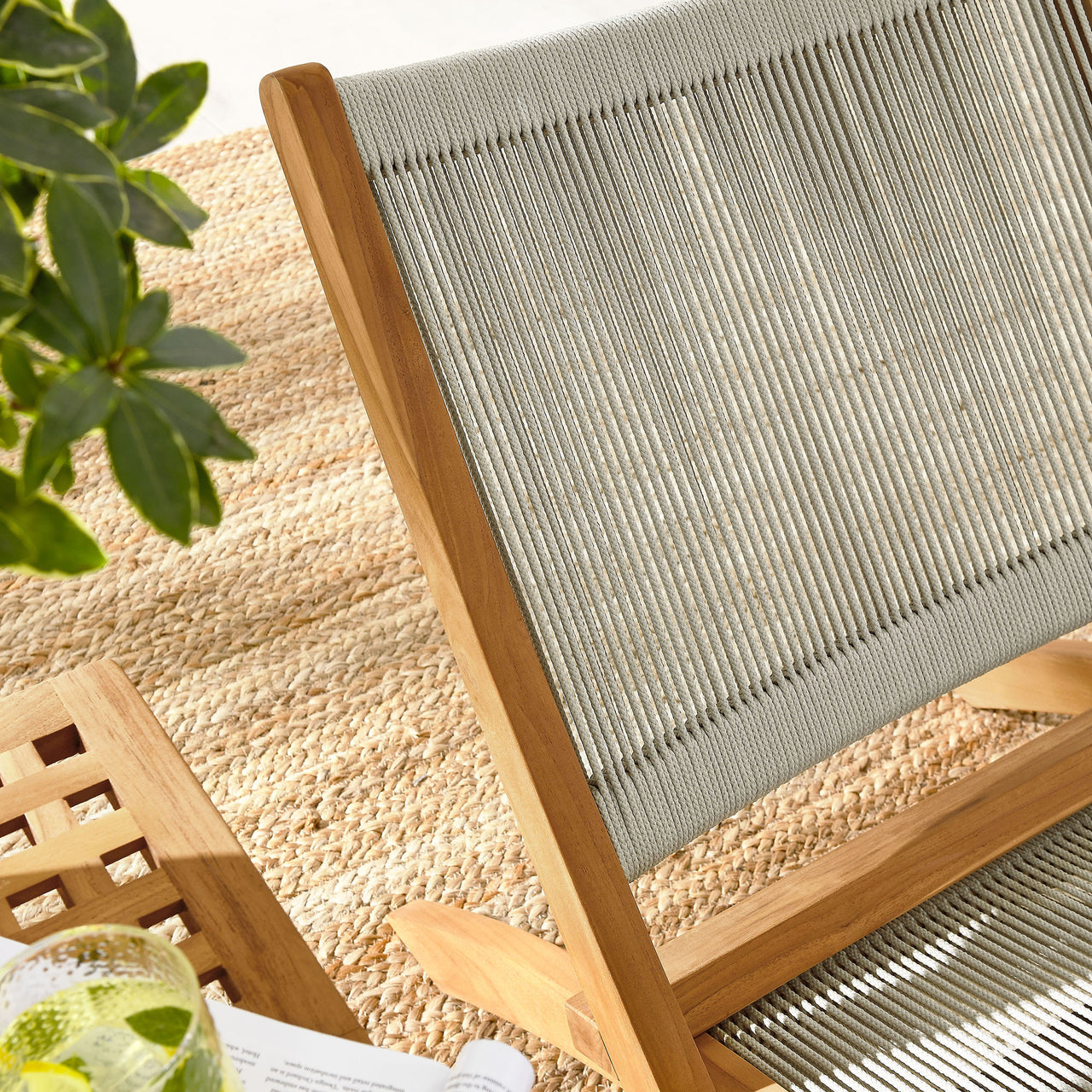 Alvierra 3-Piece Alfresco Teak and Rope Folding Lounge Chairs and Side Table, Natural Wood