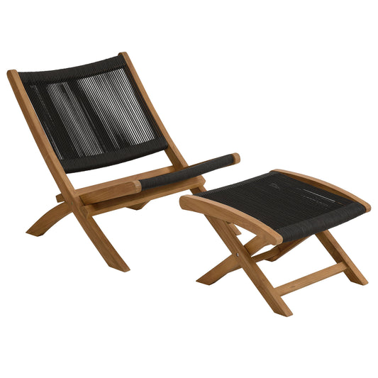 Alvierra 2-Piece Alfresco Teak and Rope Folding Accent Lounge Chair and Ottoman Set, Natural Wood & Black