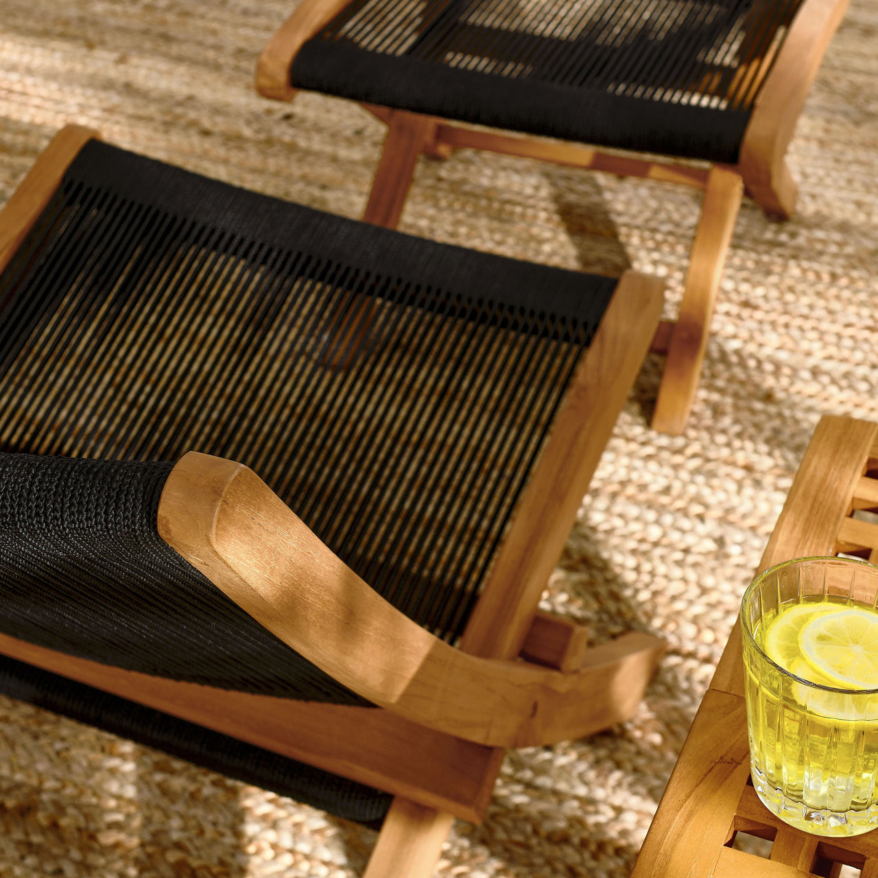 Alvierra 2-Piece Alfresco Teak and Rope Folding Accent Lounge Chair and Ottoman Set, Natural Wood & Black