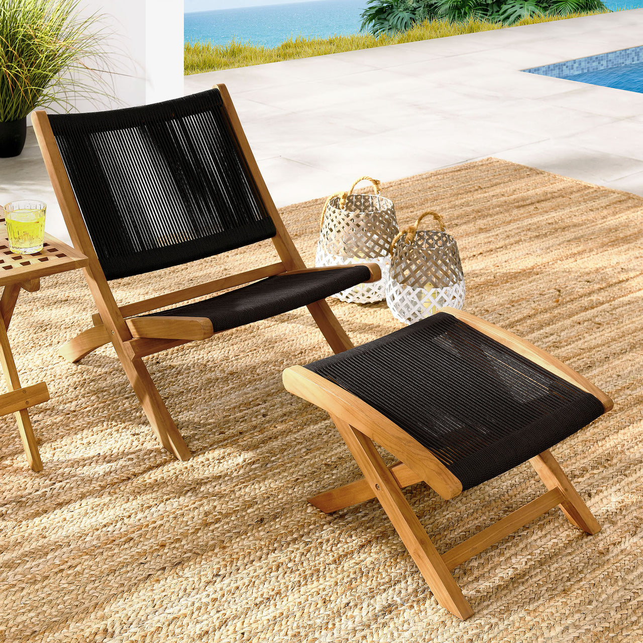 Alvierra 2-Piece Alfresco Teak and Rope Folding Accent Lounge Chair and Ottoman Set, Natural Wood & Black