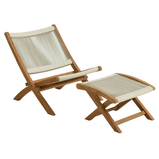 Alvierra 2-Piece Alfresco Teak and Rope Folding Accent Lounge Chair and Ottoman Set, Natural Wood