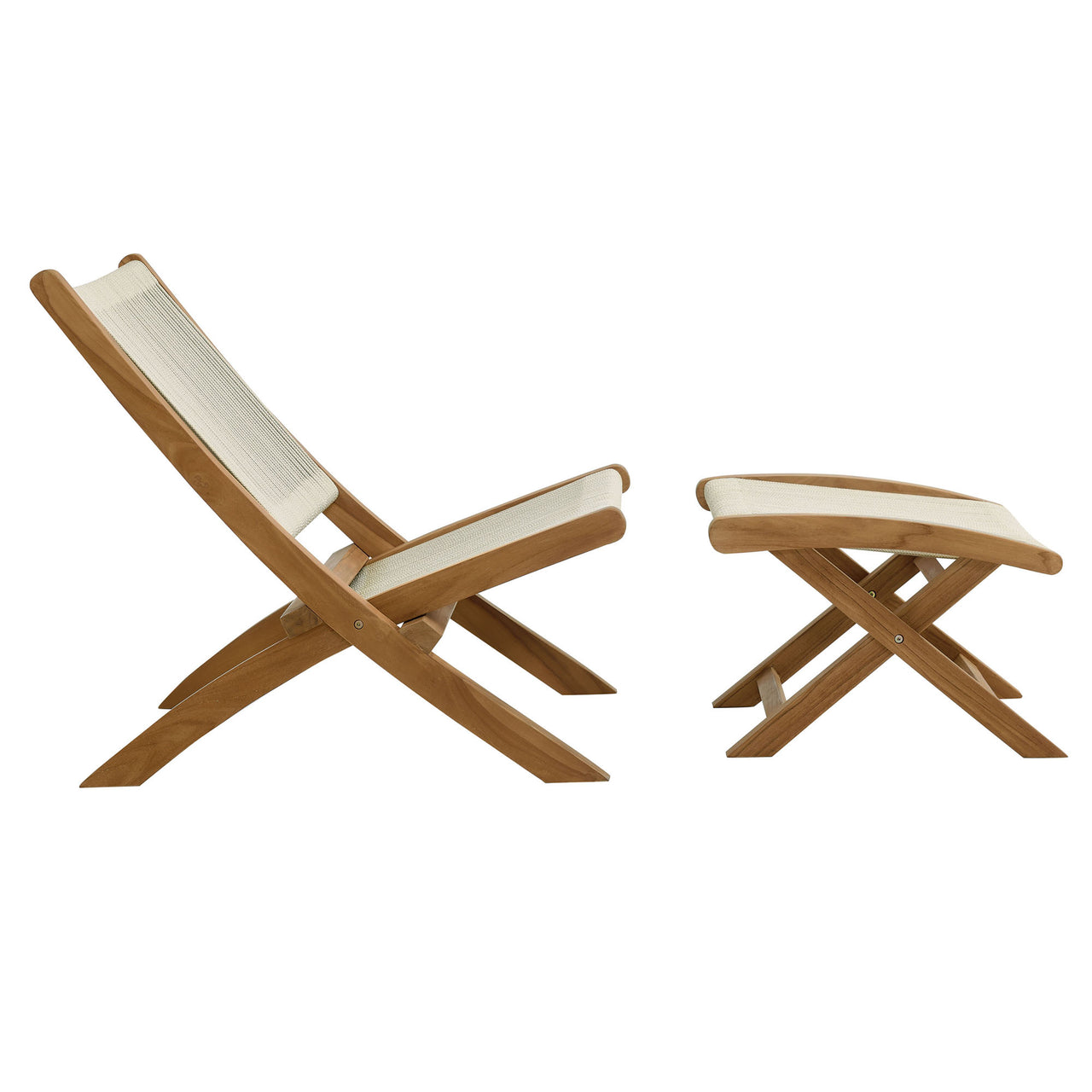 Alvierra 2-Piece Alfresco Teak and Rope Folding Accent Lounge Chair and Ottoman Set, Natural Wood