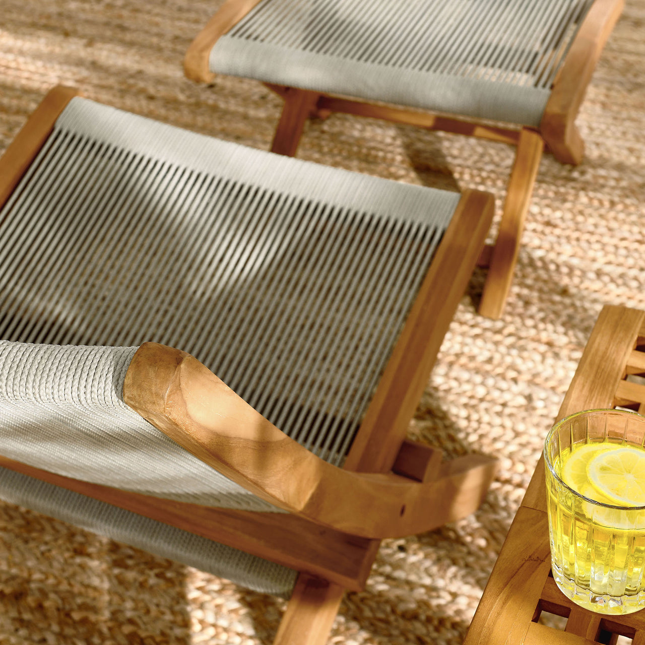 Alvierra 2-Piece Alfresco Teak and Rope Folding Accent Lounge Chair and Ottoman Set, Natural Wood