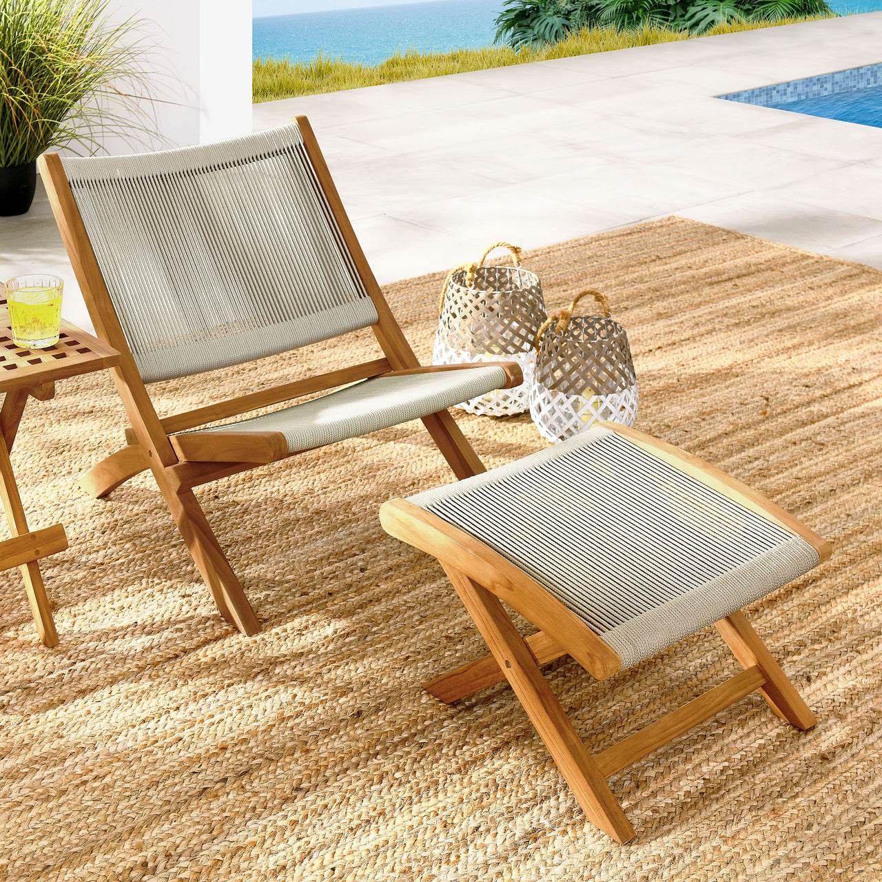 Alvierra 2-Piece Alfresco Teak and Rope Folding Accent Lounge Chair and Ottoman Set, Natural Wood